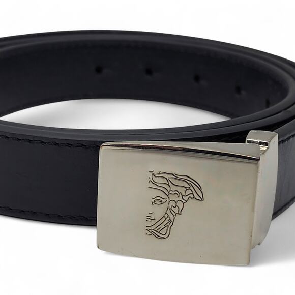 Versace Collection Men’s Leather Belt With Silver Medusa Head Buckle Black - New - Picture 3 of 6
